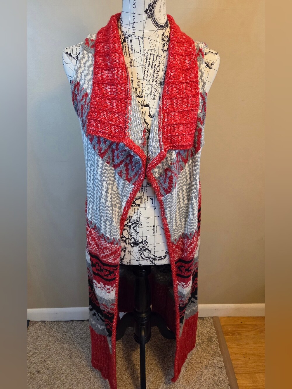Cato Womens L Long Duster Sweater Vest Fair Isle Nordic Red Gray Open Front